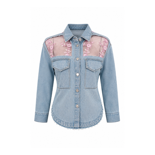 Wildgeese Handcrafted Sheer Floral Embroidered Light Wash Denim Shirt Jacket – Premium Women's Designer Overshirt
