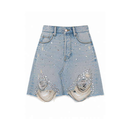 Wildgeese Handcrafted Crystal Embellished Premium Denim Skirt – Luxury Distressed Light Wash Mini Skirt