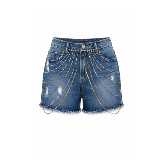 Wildgeese Handcrafted Crystal Chain Embellished Premium Denim Shorts – Luxury Designer High-Waisted Jean Shorts
