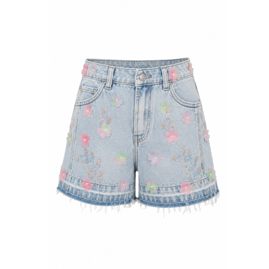 Wildgeese Handcrafted 3D Floral Embroidered Denim Shorts – Premium Designer Women's Light Wash Shorts