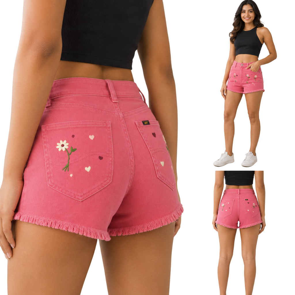 Wildgeese Handcrafted Floral Embroidered Pink Denim Shorts – Premium Frayed Hem High-Waisted Shorts