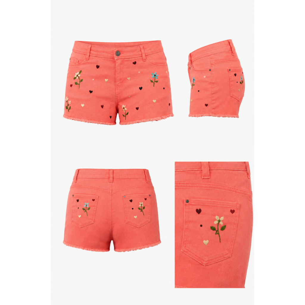 Wildgeese Handcrafted Floral Embroidered Coral Denim Shorts – Premium Artisan Frayed Hem Shorts for Women