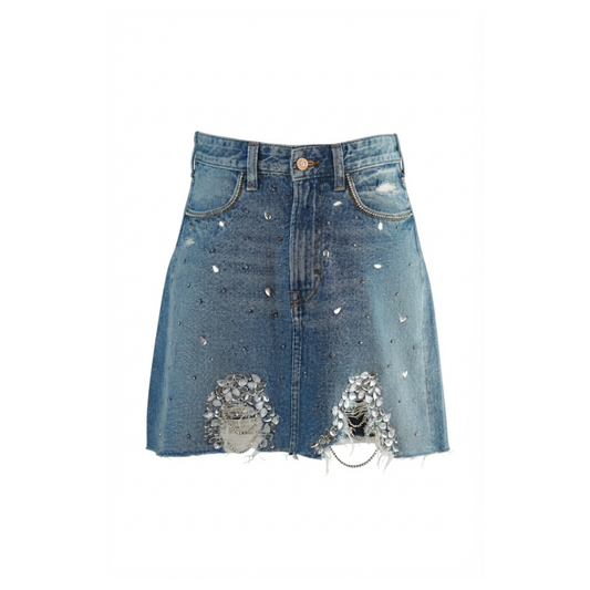 Wildgeese Handcrafted Crystal Embellished Distressed Denim Mini Skirt – Premium Designer Rhinestone Jean Skirt