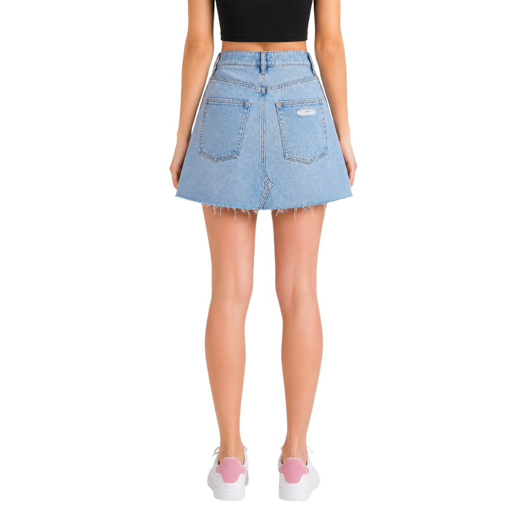 Wildgeese Handcrafted Crystal Embellished Premium Denim Skirt – Luxury Distressed Light Wash Mini Skirt