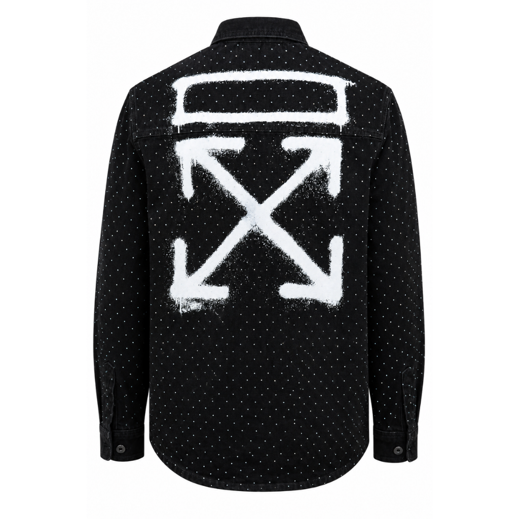 Black Denim Shirt with White Arrow Graphic – Premium Long Sleeve Casual Streetwear Shirt for Men
