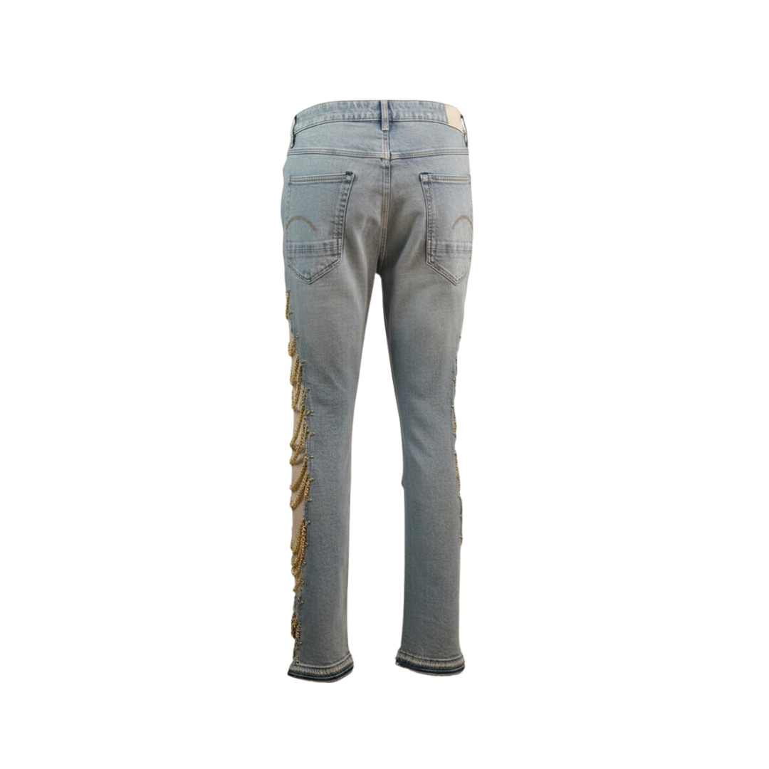 Premium Handcrafted Wildgeese Women's Light Wash Upcycled Denim Jeans with Gold Chain Cutout Detail | Handmade Statement Jeans