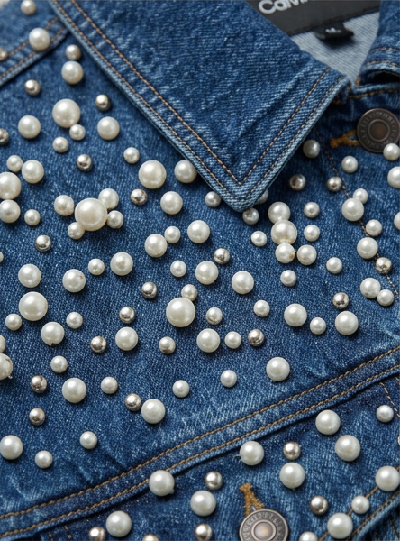 Blue denim jacket with pearl and silver bead embellishments
