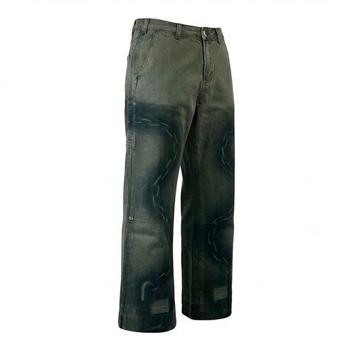 Dark green pants with visible wear on a white background