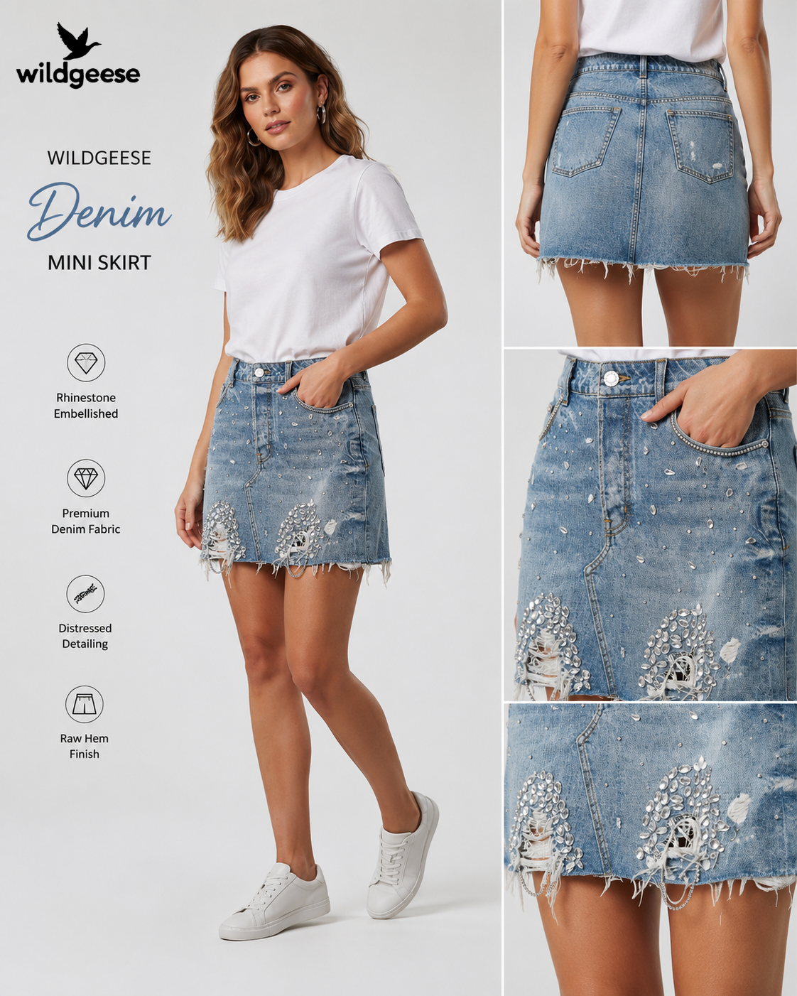 Wildgeese Handcrafted Crystal Embellished Distressed Denim Mini Skirt – Premium Rhinestone Designer Skirt for Women