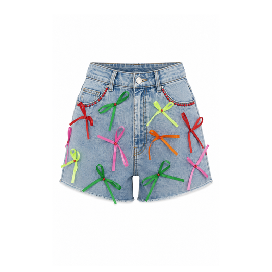 Wildgeese Handcrafted Ribbon Embellished Premium Denim Shorts – Luxury Designer High-Waisted Jean Shorts