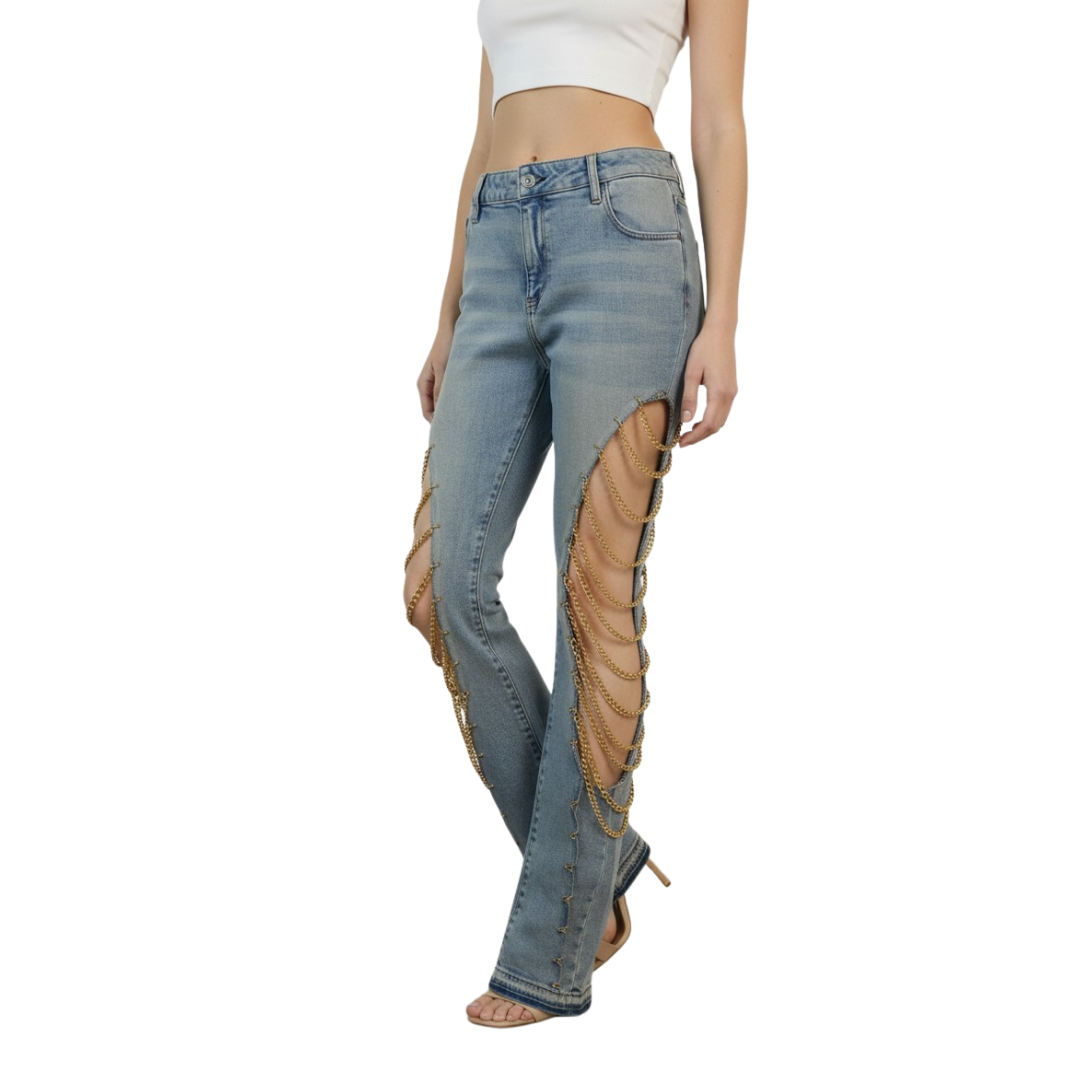 Premium Handcrafted Wildgeese Women's Light Wash Upcycled Denim Jeans with Gold Chain Cutout Detail | Handmade Statement Jeans