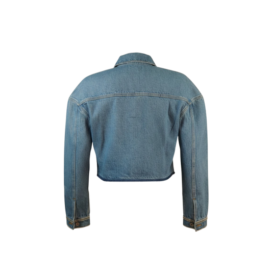 Wildgeese Handcrafted Crystal Fringe Denim Jacket – Unique Handmade Cropped Blue Denim Outerwear with Rhinestone Embellishments – Artisan Made Statement Fashion