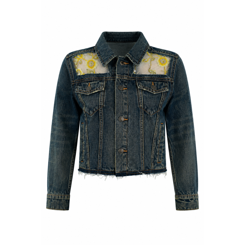 Wildgeese Handcrafted Sheer Floral Embroidered Dark Wash Denim Jacket – Premium Designer Women's Outerwear