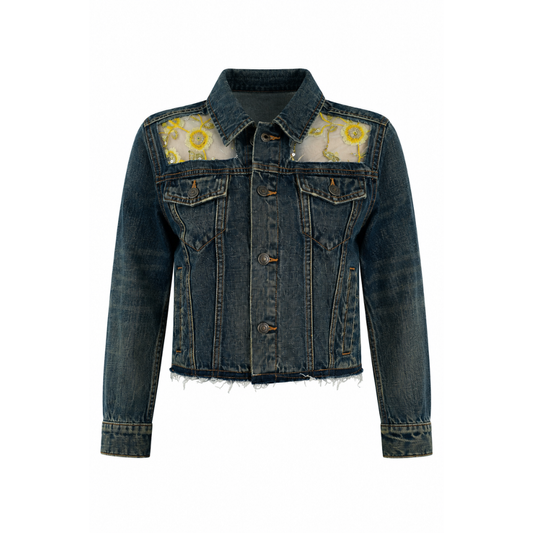 Wildgeese Handcrafted Sheer Floral Embroidered Dark Wash Denim Jacket – Premium Designer Women's Outerwear
