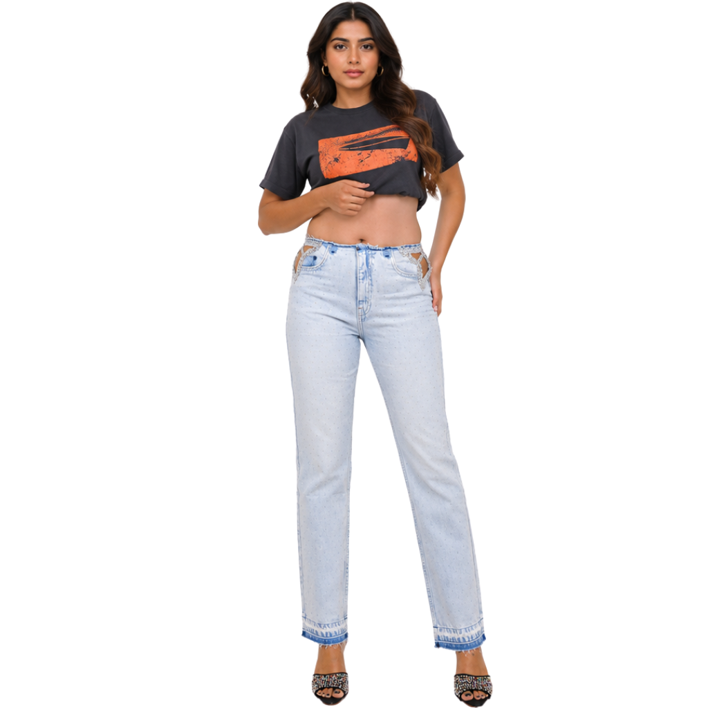 Wildgeese Crystal Cutout Straight Leg Jeans – Light Wash Rhinestone Denim Pants for Women