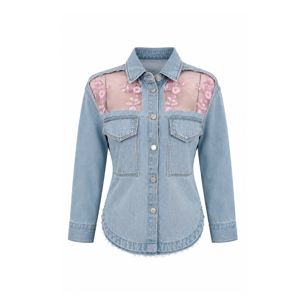 Wildgeese Handcrafted Sheer Floral Embroidered Light Wash Denim Shirt Jacket – Premium Women's Designer Overshirt
