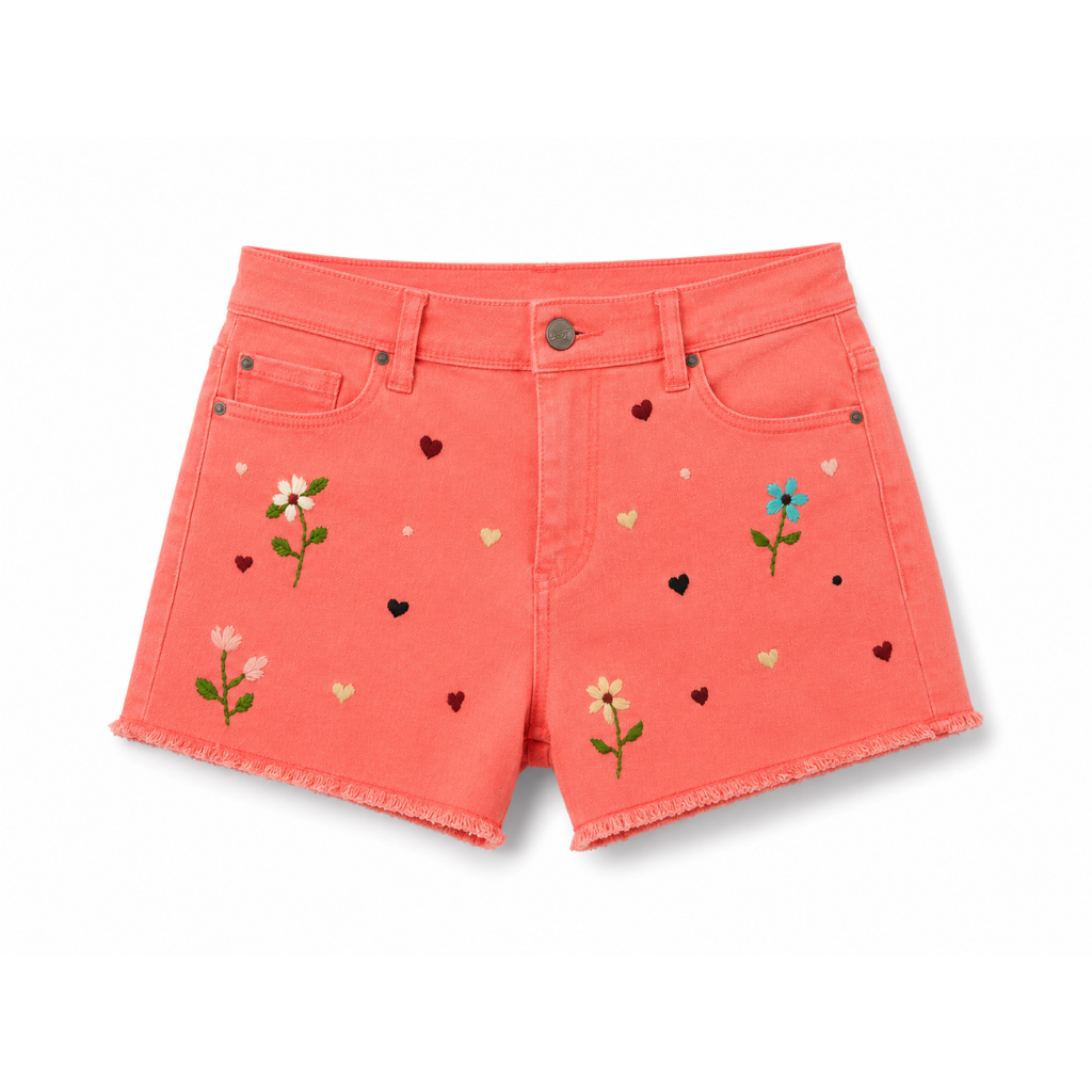 Wildgeese Handcrafted Floral Embroidered Coral Denim Shorts – Premium Artisan Frayed Hem Shorts for Women