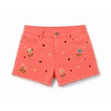 Wildgeese Handcrafted Floral Embroidered Coral Denim Shorts – Premium Artisan Frayed Hem Shorts for Women
