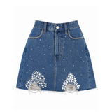 Wildgeese Handcrafted Crystal Embellished Premium Denim Skirt – Luxury Distressed Mini Skirt