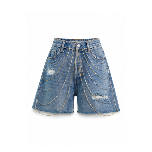Wildgeese Handcrafted Rhinestone Chain Embellished Premium Light Wash Denim Shorts – Luxury High-Waisted Statement Shorts