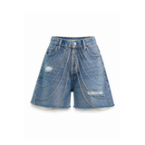 Wildgeese Handcrafted Rhinestone Chain Embellished Premium Light Wash Denim Shorts – Luxury High-Waisted Statement Shorts