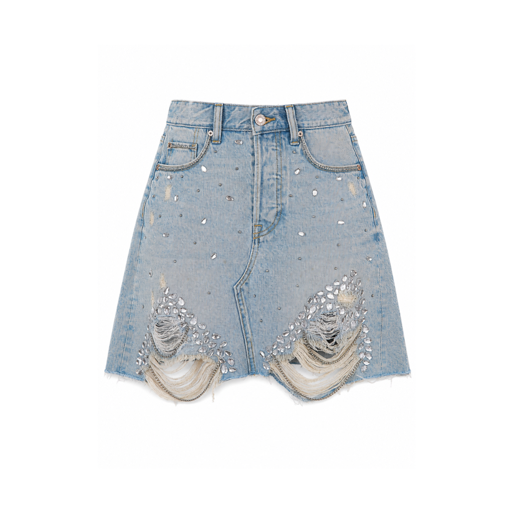 Wildgeese Handcrafted Crystal Embellished Premium Denim Skirt – Luxury Distressed Light Wash Mini Skirt