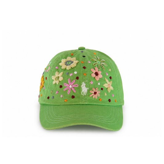 Wildgeese Meadow Bloom Embroidered Green Cotton Baseball Cap – Artisan Adjustable Floral Hat