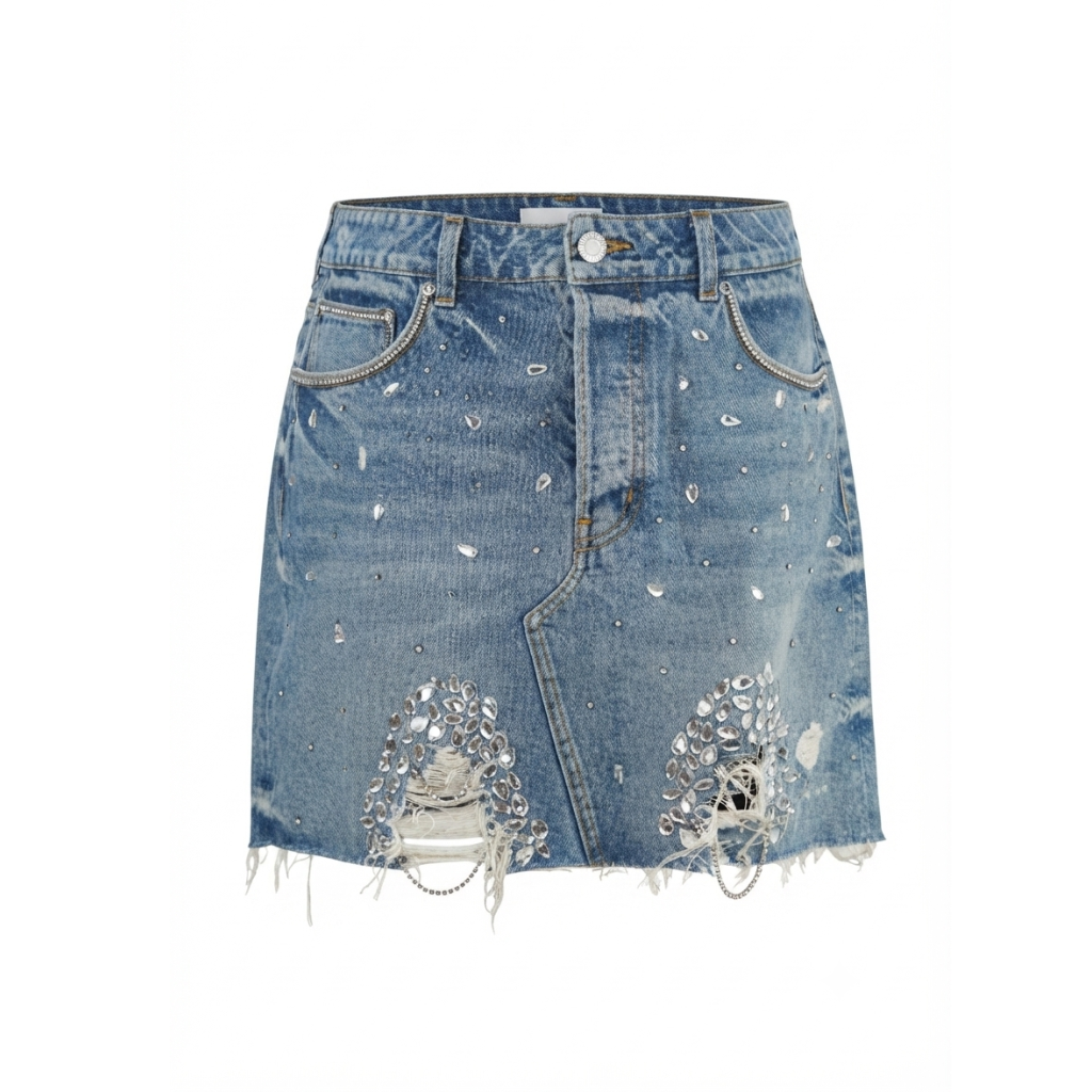 Wildgeese Handcrafted Crystal Embellished Distressed Denim Mini Skirt – Premium Rhinestone Designer Skirt for Women