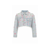 Wildgeese Handcrafted 3D Floral Cropped Denim Jacket – Premium Designer Women's Light Wash Jacket