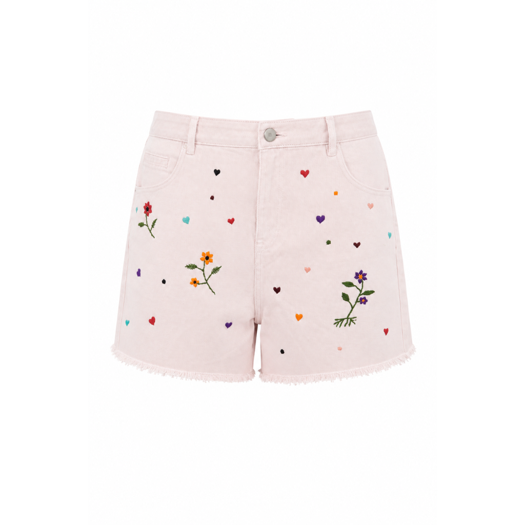 Wildgeese Handcrafted Floral Embroidered Blush Pink Denim Shorts for Women – High Rise Cotton Summer Shorts