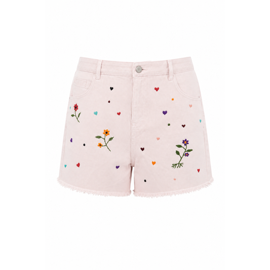 Wildgeese Handcrafted Floral Embroidered Blush Pink Denim Shorts for Women – High Rise Cotton Summer Shorts