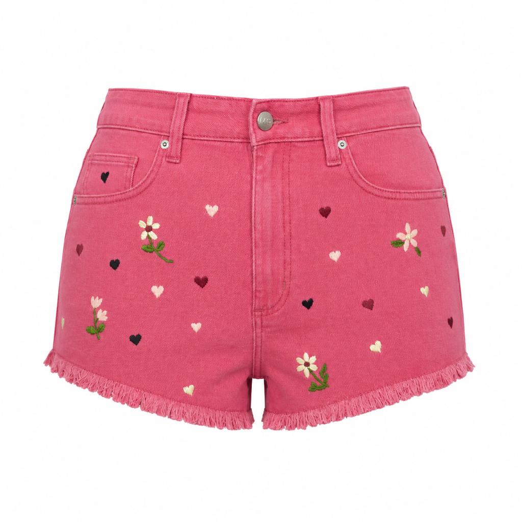 Wildgeese Handcrafted Floral Embroidered Pink Denim Shorts – Premium Frayed Hem High-Waisted Shorts