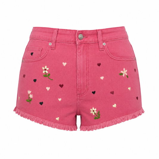 Wildgeese Handcrafted Floral Embroidered Pink Denim Shorts – Premium Frayed Hem High-Waisted Shorts