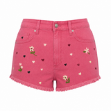 Wildgeese Handcrafted Floral Embroidered Pink Denim Shorts – Premium Frayed Hem High-Waisted Shorts