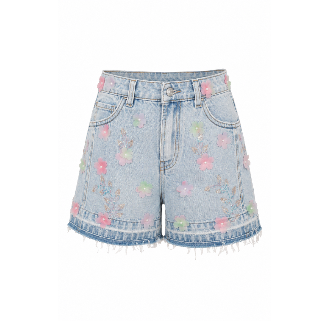 Wildgeese Handcrafted 3D Floral Embroidered Denim Shorts – Premium Designer Women's Light Wash Shorts
