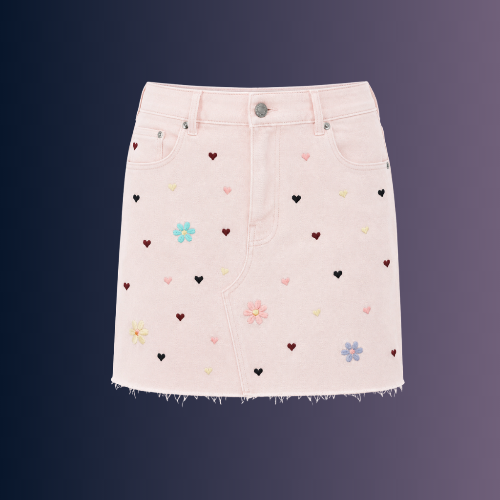 Wildgeese Blush Petal Embroidered Denim Mini Skirt – Women's High-Rise Floral Heart A-Line Skirt