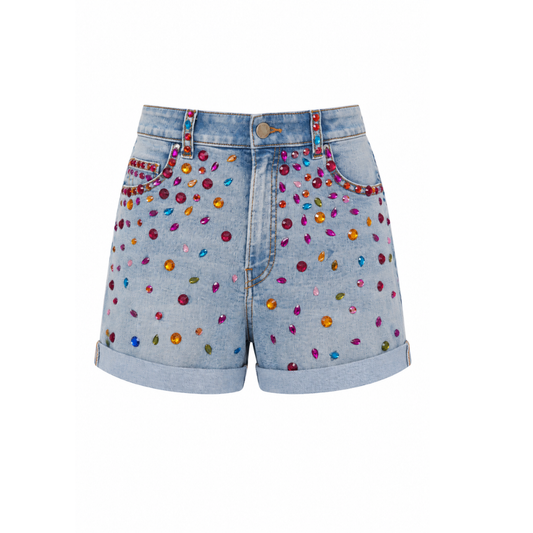 Wildgeese Handcrafted Multicolor Crystal Embellished Premium Denim Shorts – Luxury Designer High-Waisted Jean Shorts