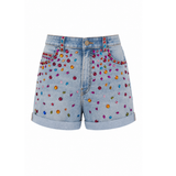 Wildgeese Handcrafted Multicolor Crystal Embellished Premium Denim Shorts – Luxury Designer High-Waisted Jean Shorts