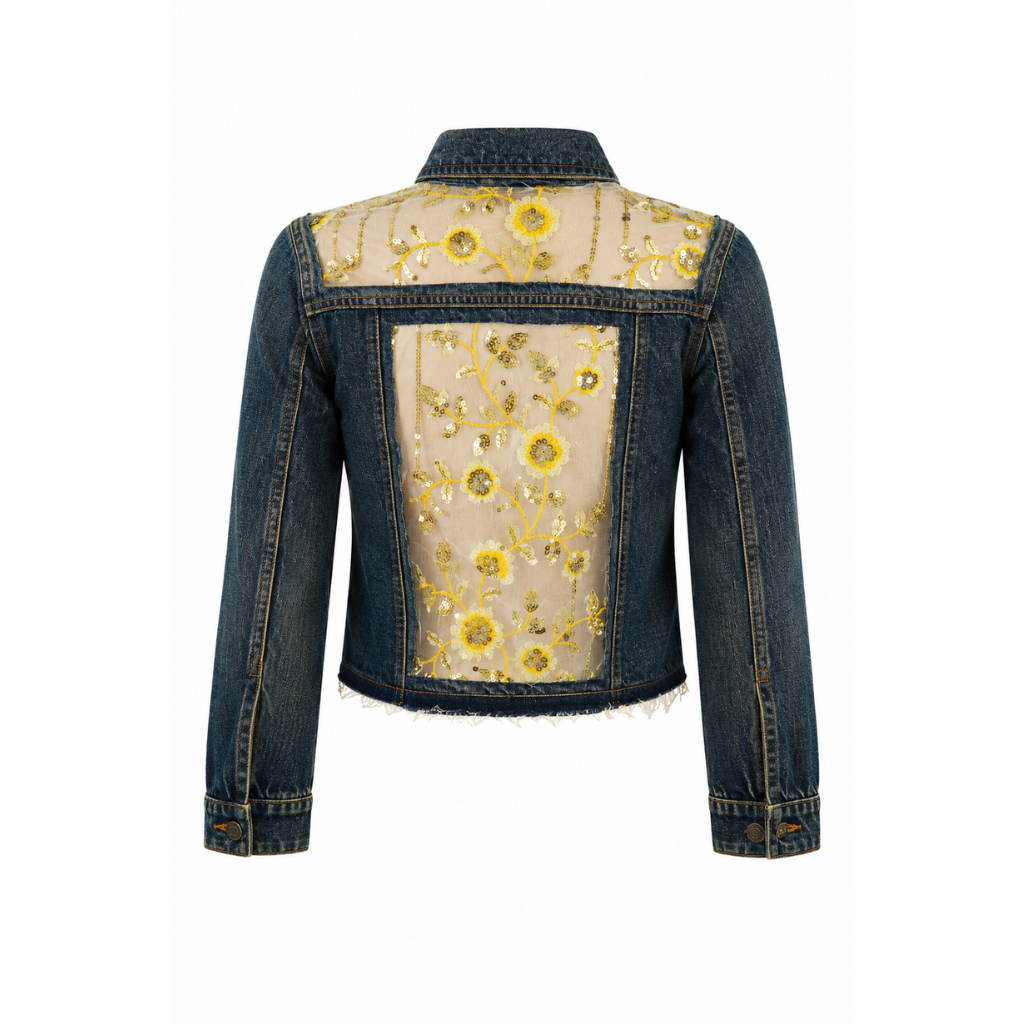Wildgeese Handcrafted Sheer Floral Embroidered Dark Wash Denim Jacket – Premium Designer Women's Outerwear