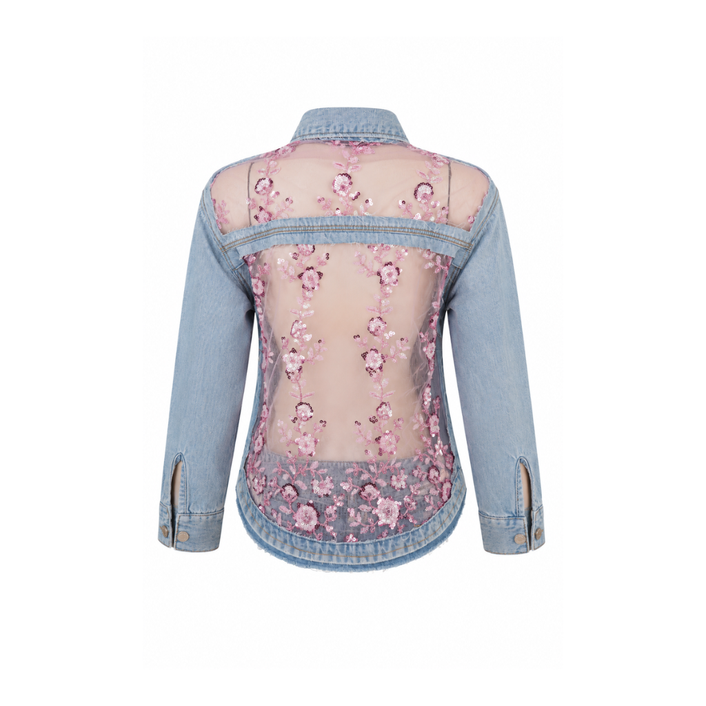 Wildgeese Handcrafted Sheer Floral Embroidered Light Wash Denim Shirt Jacket – Premium Women's Designer Overshirt