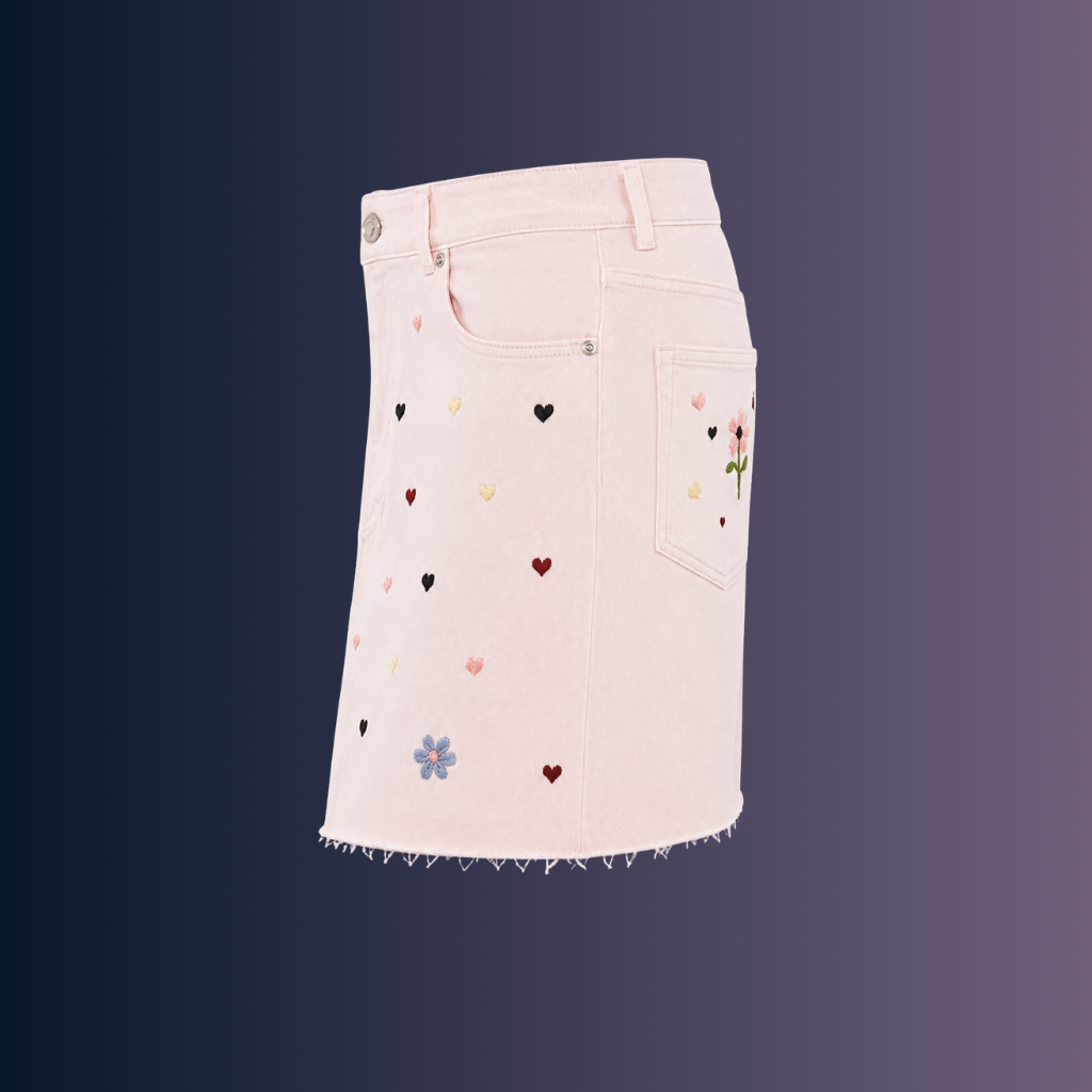 Wildgeese Blush Petal Embroidered Denim Mini Skirt – Women's High-Rise Floral Heart A-Line Skirt