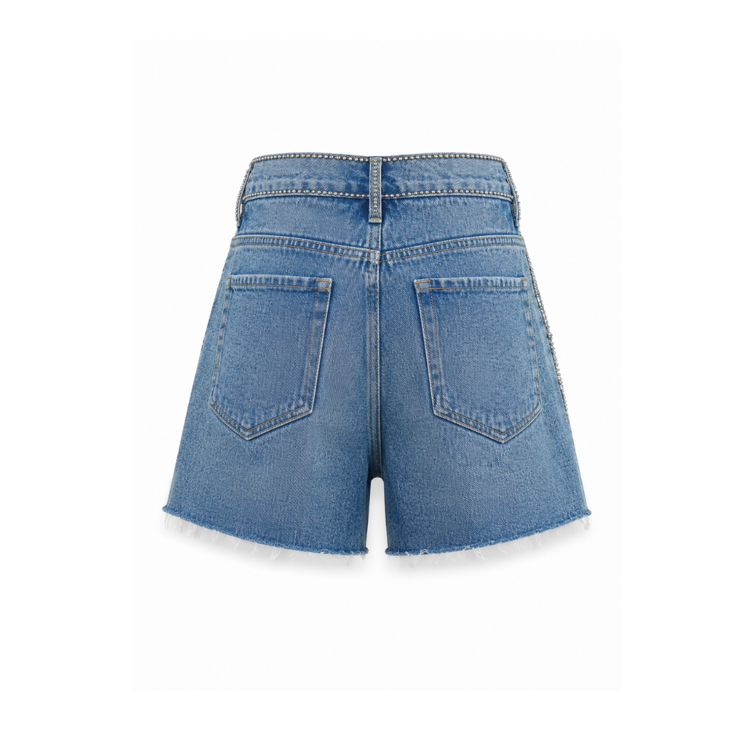 Wildgeese Handcrafted Rhinestone Chain Embellished Premium Light Wash Denim Shorts – Luxury High-Waisted Statement Shorts
