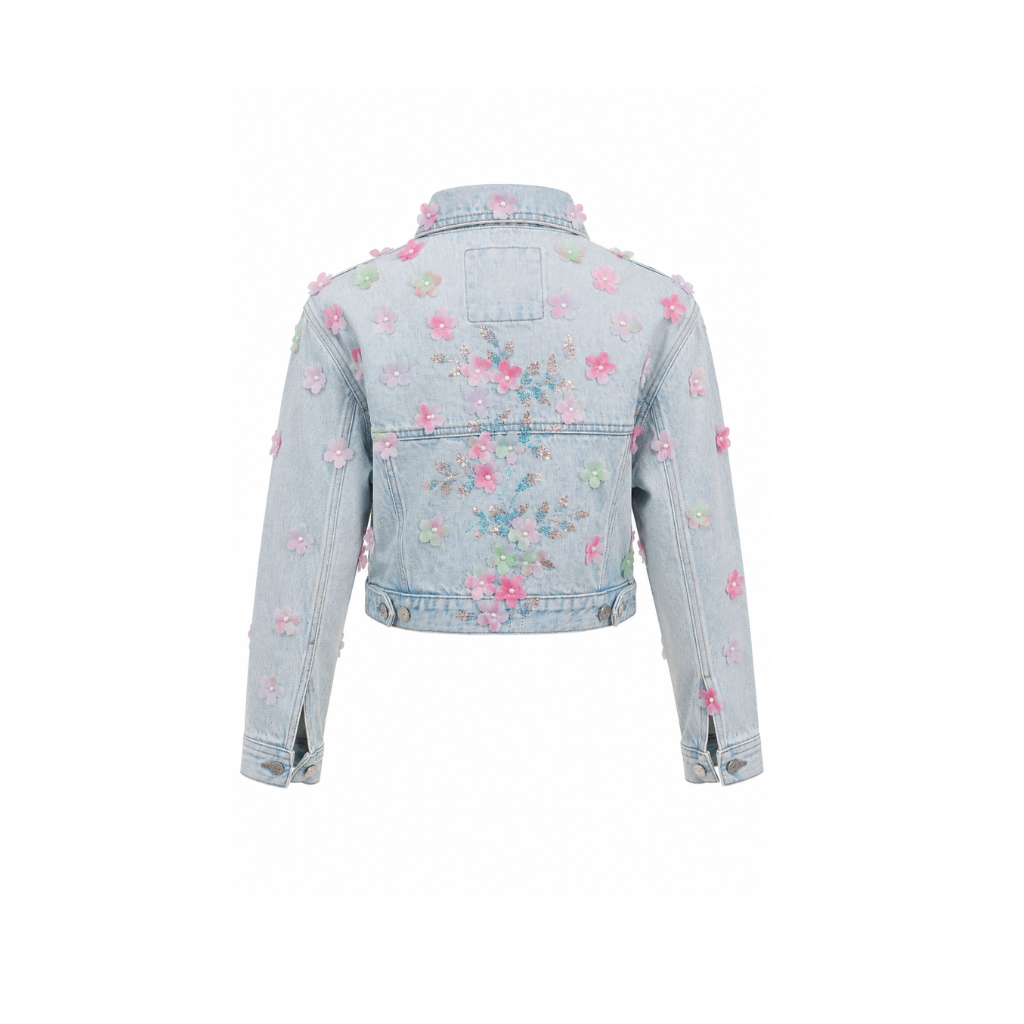 Wildgeese Handcrafted 3D Floral Cropped Denim Jacket – Premium Designer Women's Light Wash Jacket