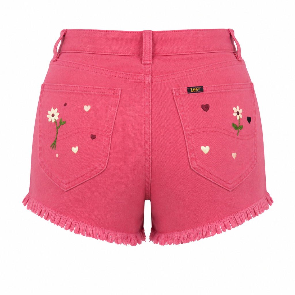 Wildgeese Handcrafted Floral Embroidered Pink Denim Shorts – Premium Frayed Hem High-Waisted Shorts