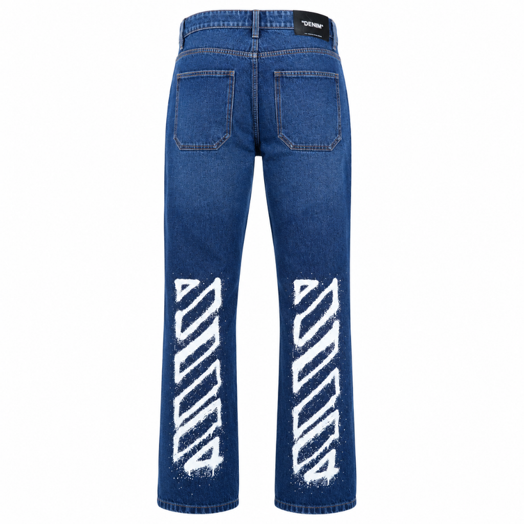 Premium Blue Denim Jeans for Men – Straight Leg Jeans with Signature White Graphic Detail