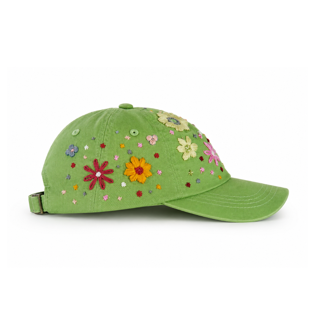 Wildgeese Meadow Bloom Embroidered Green Cotton Baseball Cap – Artisan Adjustable Floral Hat