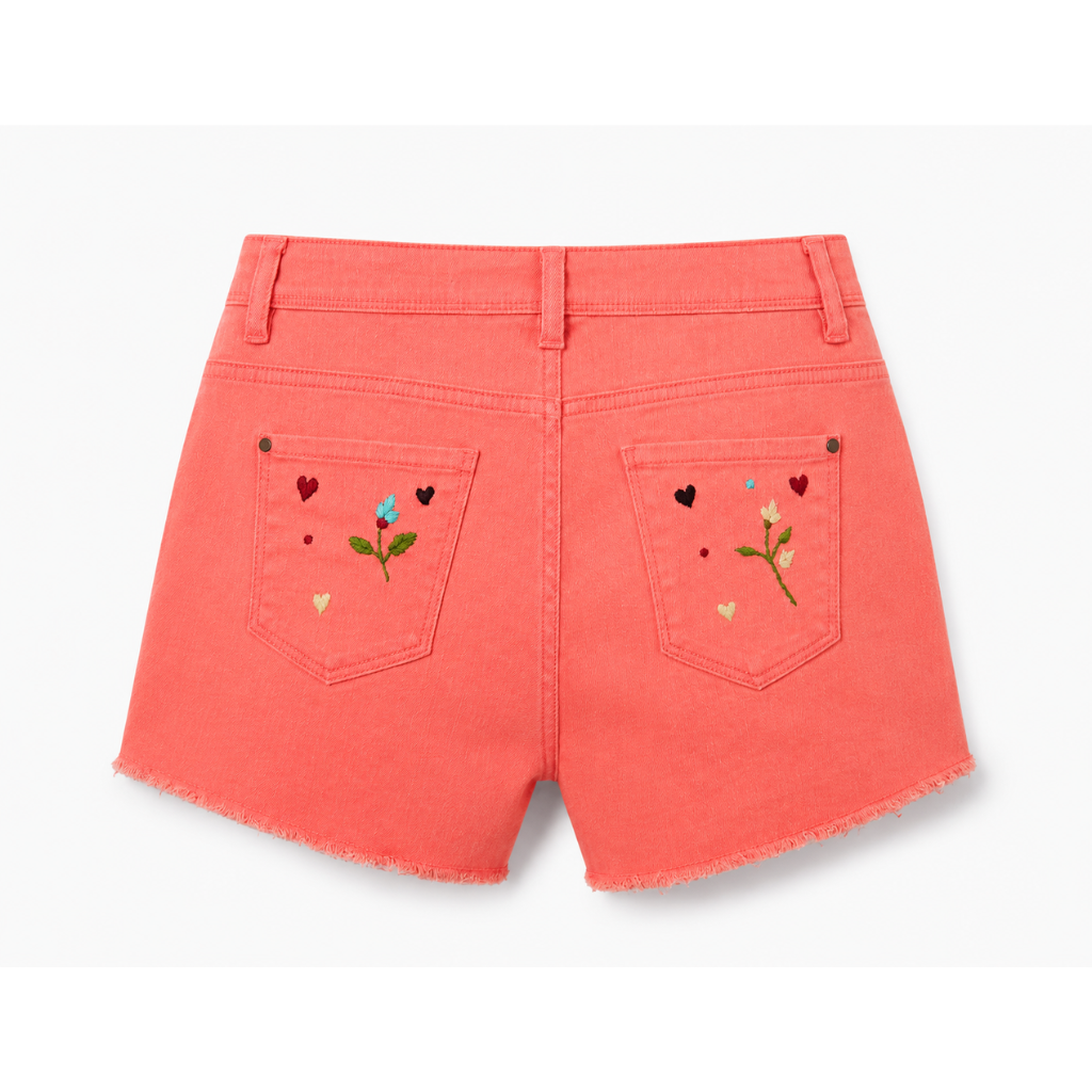 Wildgeese Handcrafted Floral Embroidered Coral Denim Shorts – Premium Artisan Frayed Hem Shorts for Women