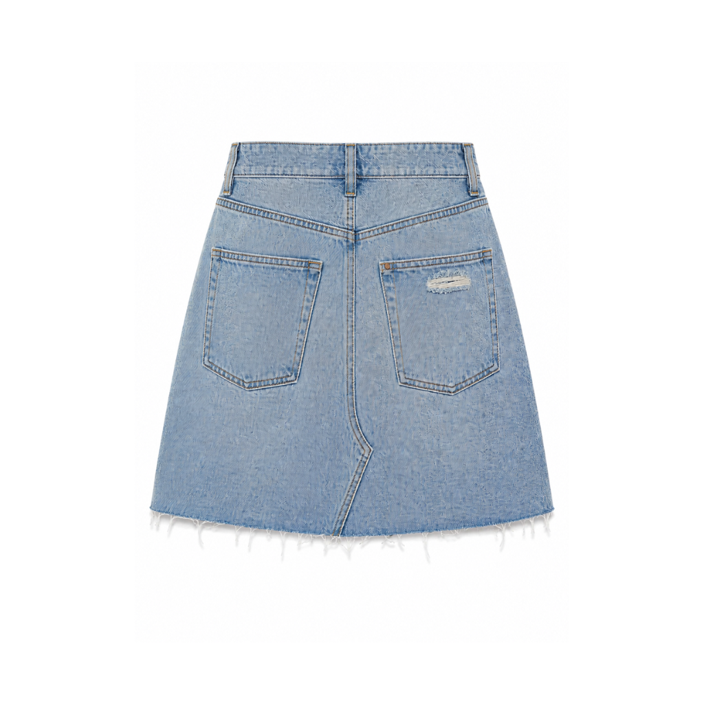 Wildgeese Handcrafted Crystal Embellished Premium Denim Skirt – Luxury Distressed Light Wash Mini Skirt