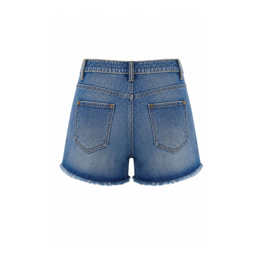 Wildgeese Handcrafted Crystal Chain Embellished Premium Denim Shorts – Luxury Designer High-Waisted Jean Shorts