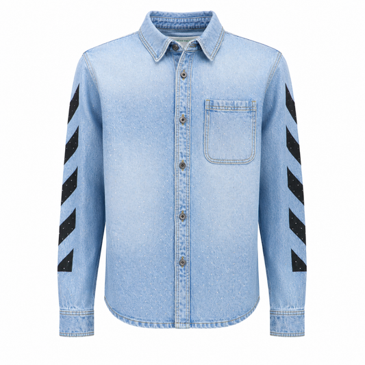 Light Blue Denim Shirt with Signature Arrow Sleeve & Back Graphic – Premium Casual Streetwear Shirt
